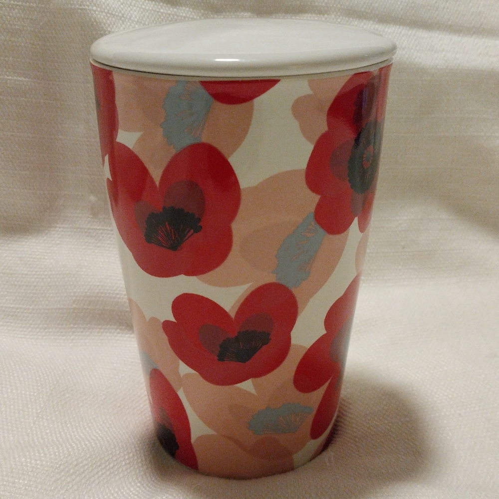 Tea Forte Petal Drop Red and Pink Ceramic Tea Infuser Tumbler with Lid